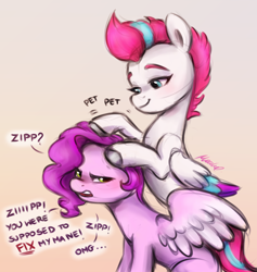 Size: 2080x2196 | Tagged: safe, artist:buttersprinkle, imported from derpibooru, pipp petals, zipp storm, pegasus, pony, adorapipp, adorazipp, annoyed, colored wings, cute, dialogue, duo, duo female, eyebrows, female, folded wings, frown, g5, gradient background, high res, mare, multicolored wings, petting, pipp petals is not amused, royal sisters (g5), siblings, signature, sisters, smiling, spread wings, text, unamused, wings