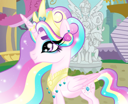 Size: 2227x1813 | Tagged: safe, artist:owocrystalcatowo, imported from derpibooru, oc, oc:crystal heart, alicorn, pony, alicorn oc, female, horn, mare, offspring, parent:princess cadance, parent:shining armor, parents:shiningcadance, solo, statue, wings