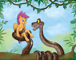 Size: 2982x2368 | Tagged: safe, artist:kinipharian, imported from derpibooru, scootaloo, pegasus, semi-anthro, snake, arm hooves, coils, crossover, duo, female, kaa, loincloth, male, mowgli, smiling, the jungle book