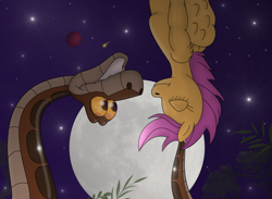 Size: 3331x2436 | Tagged: safe, artist:kinipharian, imported from derpibooru, scootaloo, pegasus, semi-anthro, snake, crossover, full moon, kaa, moon, mowgli, outdoors, stars, the jungle book, upside down