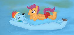 Size: 2656x1280 | Tagged: safe, artist:kinipharian, imported from derpibooru, rainbow dash, scootaloo, bear, pegasus, anatomically incorrect, baloo, bearified, crossover, duo, eyes closed, incorrect leg anatomy, langot, mowgli, pond, relaxing, sloth bear, species swap, the jungle book, water