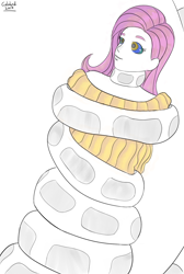 Size: 1080x1605 | Tagged: safe, artist:g-lahndi, imported from derpibooru, fluttershy, human, snake, 2017, clothes, coils, humanized, old art, partial color, signature, simple background, smiling, swirly eyes, white background