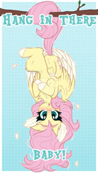 Size: 1024x1821 | Tagged: safe, artist:krypticquartz, imported from derpibooru, fluttershy, pegasus, pony, blushing, chest fluff, cute, daaaaaaaaaaaw, ear fluff, feather, hang in there, hanging, obtrusive watermark, open mouth, prehensile tail, shyabetes, solo, tail, tail hold, tree branch, upside down, watermark