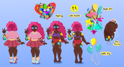 Size: 800x432 | Tagged: safe, alternate version, artist:windywendy29, imported from derpibooru, pinkie pie, human, alternate hairstyle, barefoot, belly button, blue background, bra, bracelet, chubby, clothes, commission, cutie mark tattoo, dark skin, ear piercing, earring, feet, female, humanized, jewelry, necklace, panties, piercing, purple underwear, red underwear, reference sheet, shirt, shoes, simple background, skirt, sneakers, solo, t-shirt, tattoo, transparent background, underwear