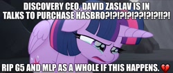 Size: 1920x808 | Tagged: safe, imported from derpibooru, twilight sparkle, alicorn, my little pony: the movie, cancellation, caption, crying, david zaslav, discovery, hasbro, image macro, rumor, sad, solo, text, twilight sparkle (alicorn)