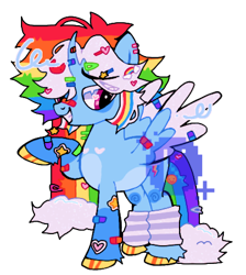 Size: 400x446 | Tagged: safe, artist:keyeii, imported from twibooru, rainbow dash, alicorn, pony, accessories, alicornified, bandaid, base used, coat markings, colored hooves, colored wings, curved horn, female, hair over one eye, hairpin, horn, image, leg warmers, mare, obtrusive watermark, png, race swap, rainbowcorn, redesign, simple background, smiling, solo, transparent background, watermark, wings