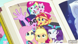 Size: 640x360 | Tagged: safe, imported from derpibooru, screencap, applejack, bulk biceps, fluttershy, pinkie pie, rainbow dash, rarity, sci-twi, sunset shimmer, twilight sparkle, equestria girls, equestria girls series, forgotten friendship, abs, animated, applejack's hat, book, canterlot high, cap, clothes, cowboy hat, cutie mark, cutie mark on clothes, eyes closed, female, geode of fauna, geode of shielding, geode of sugar bombs, geode of super speed, gif, gifs.com, glasses, hat, hoodie, humane five, humane seven, humane six, magical geodes, male, one eye closed, one-piece swimsuit, open mouth, open smile, smiling, swimsuit, tanktop, wink, yearbook, yearbook photo