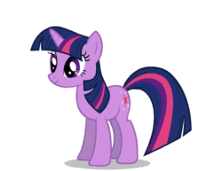 Size: 453x349 | Tagged: artist needed, source needed, safe, imported from twibooru, twilight sparkle, pony, unicorn, animated, blinking, excited, eye shimmer, gif, grin, happy, image, jumping, simple background, smiling, solo, white background