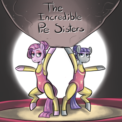 Size: 1000x1000 | Tagged: safe, artist:smirk, imported from derpibooru, maud pie, pinkie pie, semi-anthro, boulder, circus, clothes, colored sketch, cover, cover art, duo, eyeshadow, fake, female, hair bun, makeup, pinkamena diane pie, siblings, sisters