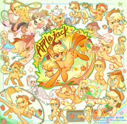 Size: 2048x2005 | Tagged: safe, artist:千雲九枭, imported from derpibooru, applejack, spirit of hearth's warming past, winona, bird, chicken, cow, earth pony, pig, pony, apple, apple chord, applejack is best facemaker, applejack's hat, applejewel, bass guitar, chef's hat, clothes, cowboy hat, cute, dress, equestria girls outfit, food, gala dress, hat, human pony applejack, jackabetes, jackletree, jam, lasso, multeity, musical instrument, pie, rainbow power, rope, zap apple, zap apple jam