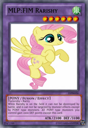 Size: 400x583 | Tagged: safe, artist:animanster, imported from derpibooru, fluttershy, rarity, hybrid, pegasus, pony, unicorn, alternate hairstyle, card, female, flying, horn, mare, palette swap, pegacorn, race swap, recolor, smiling, spread wings, text, wings, yu-gi-oh!