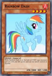 Size: 419x610 | Tagged: safe, artist:animanster, imported from derpibooru, rainbow dash, pegasus, pony, card, cloud, female, flying, mare, multicolored hair, rainbow hair, sky, smiling, spread wings, text, wings, yu-gi-oh!