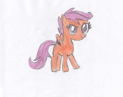 Size: 1025x809 | Tagged: safe, artist:thepegasuseffect, imported from derpibooru, scootaloo, pegasus, pony, female, filly, foal, pencil drawing, smiling, solo, spread wings, traditional art, wings