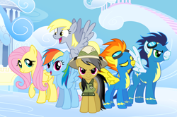 Size: 2790x1850 | Tagged: safe, artist:amigogogo, imported from derpibooru, daring do, derpy hooves, fluttershy, rainbow dash, soarin', spitfire, pegasus, pony, alternate mane six, cloud, cloudsdale, derp, eyes closed, female, flying, goggles, hat, male, mare, multicolored hair, on a cloud, pegasus six, rainbow hair, raised hoof, sky, smiling, spread wings, stallion, standing on a cloud, wings, wonderbolts
