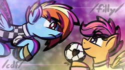 Size: 1920x1080 | Tagged: safe, artist:ashtoneer, imported from derpibooru, rainbow dash, scootaloo, pegasus, pony, 4chan cup, clothes, eye clipping through hair, female, filly, foal, football, frown, looking at each other, looking at someone, mare, smiling, sports, spread wings, text, torn ear, uniform, wings