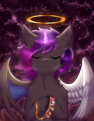 Size: 1200x1545 | Tagged: safe, artist:_tinyberri, imported from derpibooru, oc, oc:ella starshade, alicorn, hybrid, alicorn oc, brown coat, commission, demon wings, eyes closed, floppy ears, front view, halo, hooves to the chest, horn, jewelry, necklace, pegabat, short hair, solo, spread wings, starry sky, stars, wings