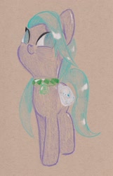 Size: 1529x2368 | Tagged: safe, artist:foxtrot3, imported from derpibooru, oc, oc only, oc:romdiel, crystal pony, bag, bell, bell collar, blue eyes, collar, saddle bag, slave, smiling, solo, traditional art