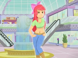 Size: 1285x964 | Tagged: safe, artist:theapplequeen1, imported from derpibooru, apple bloom, human, equestria girls, belly button, escalator, female, fountain, hand on hip, looking at you, mall, midriff, older, older apple bloom, screencap background, smiling, solo focus, teenage apple bloom