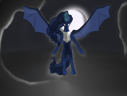 Size: 3200x2400 | Tagged: safe, artist:glidy, imported from derpibooru, nightmare moon, alicorn, pony, armor, bat wings, dark, digital art, floating, flying, magic, moon, original art, solo, wings