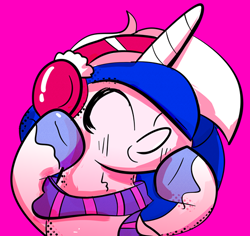 Size: 480x453 | Tagged: safe, artist:eveeyuwu, imported from derpibooru, oc, oc only, oc:stargazer, unicorn, clothes, eyes closed, headphones, pink background, raised hoof, scarf, simple background, smiling, solo, striped scarf