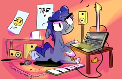 Size: 1874x1219 | Tagged: safe, artist:eveeyuwu, imported from derpibooru, oc, oc only, oc:saangosu, earth pony, pony, carpet, chest fluff, computer, eye clipping through hair, guitar, keyboard, laptop computer, looking at you, microphone, musical instrument, piano, picture, sitting, solo, sound, speaker, wires