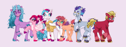 Size: 2048x768 | Tagged: safe, artist:bruny, imported from derpibooru, hitch trailblazer, izzy moonbow, pipp petals, sprout cloverleaf, sunny starscout, zipp storm, earth pony, pegasus, pony, unicorn, alternate design, clothes, female, folded wings, freckles, g5, hoodie, leg warmers, lidded eyes, looking at you, male, mane five (g5), mare, new mane six (g5), open mouth, open smile, raised hoof, raised leg, redesign, smiling, stallion, unshorn fetlocks, wings