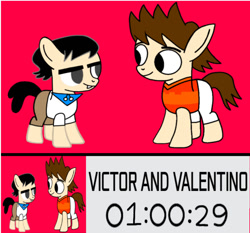 Size: 1501x1398 | Tagged: safe, artist:darlycatmake, edit, imported from derpibooru, earth pony, pony, brothers, countdown, duo, duo male, fanart, half-siblings, happy, logo, logo edit, looking at each other, looking at someone, male, picture, ponified, premiere, promotional art, siblings, smiling, smiling at each other, valentino calavera, victor and valentino, victor calavera