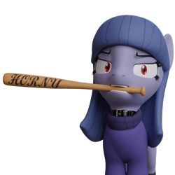 Size: 1080x1080 | Tagged: safe, artist:the luna fan, derpibooru exclusive, imported from derpibooru, oc, oc only, oc:cosmia nebula, earth pony, pony, 3d, angry, baseball bat, blender, blender cycles, choker, clothes, earth pony oc, female, horny jail, looking at you, mare, mouth hold, open mouth, simple background, solo, sweater, transparent background