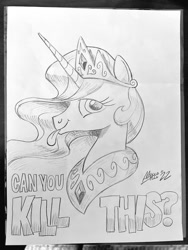 Size: 768x1024 | Tagged: safe, artist:mellodillo, imported from derpibooru, princess celestia, alicorn, pony, bust, female, grayscale, looking at you, mare, monochrome, pencil drawing, smiling, smiling at you, solo, text, tongue out, traditional art