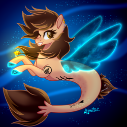 Size: 3000x3000 | Tagged: safe, artist:gabby-artista, imported from derpibooru, oc, oc only, oc:gabby artista, pegasus, seapony (g4), blue wings, brown mane, bubble, cute, digital art, dorsal fin, eyelashes, female, fin wings, fins, fish tail, flowing mane, flowing tail, gills, glowing, high res, jewelry, looking at you, mare, necklace, ocean, one eye closed, seaponified, signature, smiling, solo, species swap, swimming, tail, teeth, underwater, water, wings, wink