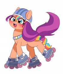 Size: 1729x2048 | Tagged: safe, artist:leo19969525, imported from derpibooru, sunny starscout, earth pony, pony, blushing, cute, cyan eyes, female, g5, hair, hat, mane, mare, open mouth, open smile, roller skates, simple background, smiling, solo, sunnybetes, tail, white background
