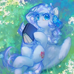 Size: 2048x2048 | Tagged: safe, artist:tingsan, imported from derpibooru, oc, oc only, pegasus, pony, blue eyes, blue mane, blue tail, book, ears, ears up, female, grass, grass field, looking at you, mane, mare, solo, spread wings, tail, wings