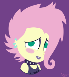 Size: 3194x3545 | Tagged: safe, artist:realgero, imported from derpibooru, fluttershy, human, equestria girls, equestria girls series, the road less scheduled, the road less scheduled: fluttershy, spoiler:eqg series (season 2), blush sticker, blushing, bust, choker, flutterpunk, looking at you, no pupils, purple background, simple background, smiling, solo, studded choker