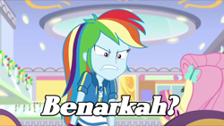 Size: 1280x720 | Tagged: safe, edit, edited screencap, imported from derpibooru, screencap, rainbow dash, human, equestria girls, equestria girls series, holidays unwrapped, spoiler:eqg series (season 2), angry, gritted teeth, indonesian, narrowed eyes, ragebow dash, teeth, translated in the description