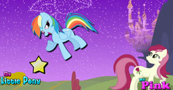 Size: 479x250 | Tagged: safe, imported from derpibooru, rainbow dash, roseluck, earth pony, pegasus, pony, canterlot, female, flower, mare, multicolored hair, night, rainbow hair, raised hoof, rose, smiling, stars, text, wings