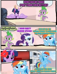 Size: 500x649 | Tagged: safe, imported from derpibooru, rainbow dash, rarity, spike, twilight sparkle, alicorn, dragon, pegasus, pony, unicorn, big crown thingy, blushing, comic, cross-popping veins, dialogue, element of magic, employer meme, exploitable meme, eyeshadow, female, flying, frown, horn, imgflip, jewelry, kicked out, makeup, male, mare, meme, multicolored hair, ponified meme, rainbow hair, regalia, smiling, speech bubble, spread wings, text, twilight sparkle (alicorn), wings