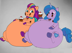 Size: 1209x896 | Tagged: safe, artist:mj455, imported from derpibooru, izzy moonbow, sunny starscout, earth pony, pony, unicorn, belly, big belly, chubby cheeks, cupcake, duo, duo female, fat, female, food, g5, gray background, huge belly, izzy moonblob, mare, messy eating, my little pony: tell your tale, obese, requested art, simple background, stuffed, tubby starscout