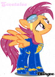 Size: 289x400 | Tagged: safe, artist:grandilfromponychan, edit, imported from derpibooru, scootaloo, pegasus, pony, animated, blingee, clothes, exploitable meme, female, gif, goggles, mare, meme, older, older scootaloo, simple background, smiling, sparkles, spread wings, text, uniform, white background, wings, wonderbolts, wonderbolts uniform