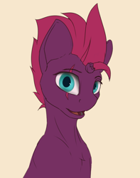 Size: 1702x2160 | Tagged: safe, artist:tenebrisnoctus, imported from derpibooru, fizzlepop berrytwist, tempest shadow, pony, unicorn, beige background, broken horn, colored, female, flat colors, horn, looking at you, mare, open mouth, open smile, simple background, smiling, smiling at you, solo