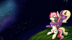 Size: 5760x3240 | Tagged: safe, artist:puffysmosh, imported from derpibooru, oc, oc only, oc:earthlight aurora, oc:giara, earth pony, pony, unicorn, candy, duo, eyes closed, food, high res, hug, stars