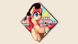 Size: 5760x3240 | Tagged: safe, artist:puffysmosh, imported from derpibooru, oc, oc only, oc:earthlight aurora, earth pony, pony, bakery, beret, candy, confectionery, food, hat, high res, raised hoof, solo, wallpaper