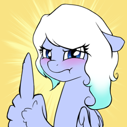 Size: 1512x1512 | Tagged: safe, artist:puffysmosh, imported from derpibooru, oc, oc only, pegasus, pony, :t, blushing, bust, floppy ears, looking at you, middle feather, middle finger, pouting, solo, vulgar, wing hands, wings