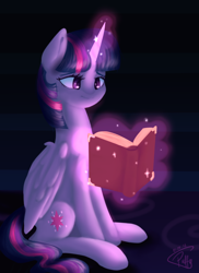 Size: 1200x1650 | Tagged: safe, artist:puffysmosh, imported from derpibooru, twilight sparkle, alicorn, pony, book, glowing, glowing horn, horn, levitation, magic, reading, sitting, solo, telekinesis, twilight sparkle (alicorn)