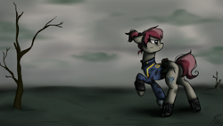 Size: 1920x1080 | Tagged: safe, artist:puffysmosh, imported from derpibooru, oc, oc only, oc:earthlight aurora, earth pony, pony, fallout equestria, clothes, dirty, jumpsuit, looking back, profile, raised hoof, solo, vault suit, wasteland