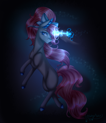 Size: 3250x3750 | Tagged: safe, artist:gabby-artista, imported from derpibooru, oc, oc only, pony, unicorn, art trade, blue eyes, colored pupils, crepuscular rays, dark, digital art, ear fluff, eyelashes, female, flowing mane, flowing tail, glowing, glowing horn, horn, magic, mare, ocean, pink mane, pink tail, ribbon, signature, solo, speedpaint, swimming, tail, underwater, water