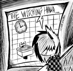 Size: 1010x979 | Tagged: safe, artist:xxv4mp_g4z3rxx, imported from derpibooru, oc, oc only, oc:violet valium, bat pony, pony, 3am, bat pony oc, bathroom, black and white, clock, clothes, emo, female, grayscale, hair covering face, hoodie, mare, monochrome, sharp teeth, signature, sink, smiling, solo, speech bubble, spread wings, teeth, wings