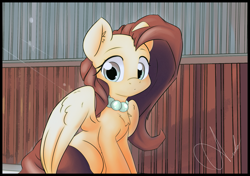 Size: 2073x1462 | Tagged: safe, artist:ando, imported from derpibooru, fluttershy, pegasus, pony, female, harbor, jewelry, mare, necklace, pearl necklace, sitting, solo, wall