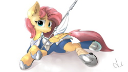 Size: 1920x1080 | Tagged: safe, artist:ando, imported from derpibooru, fluttershy, pegasus, pony, armor, hoof shoes, lying down, polearm, prone, simple background, solo, weapon, white background