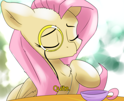 Size: 2383x1944 | Tagged: safe, artist:ando, imported from derpibooru, fluttershy, pegasus, pony, cup, eyes closed, female, half body, mare, monocle, quite, raised hoof, reaction image, solo, subtitles, teacup