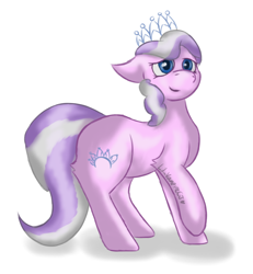 Size: 922x1000 | Tagged: safe, artist:lil_vampirecj, imported from derpibooru, diamond tiara, earth pony, pony, blue eyes, female, filly, foal, full body, fully shaded, jewelry, mare, pink body, purple mane, purple tail, simple background, smiling, solo, tail, tiara, white background